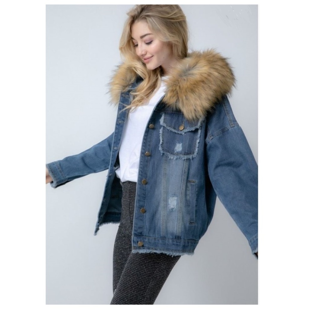 LAST ONE!  NWT Removable Fur Hooded Denim Jacket S - Picture 3 of 8